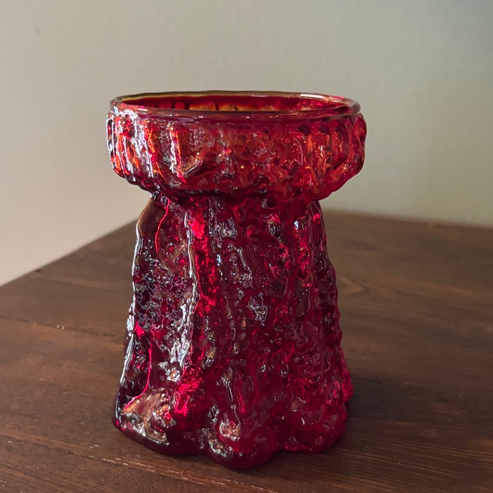 Viking Glass Tree Bark Vase or Candle Holder in Ruby Red